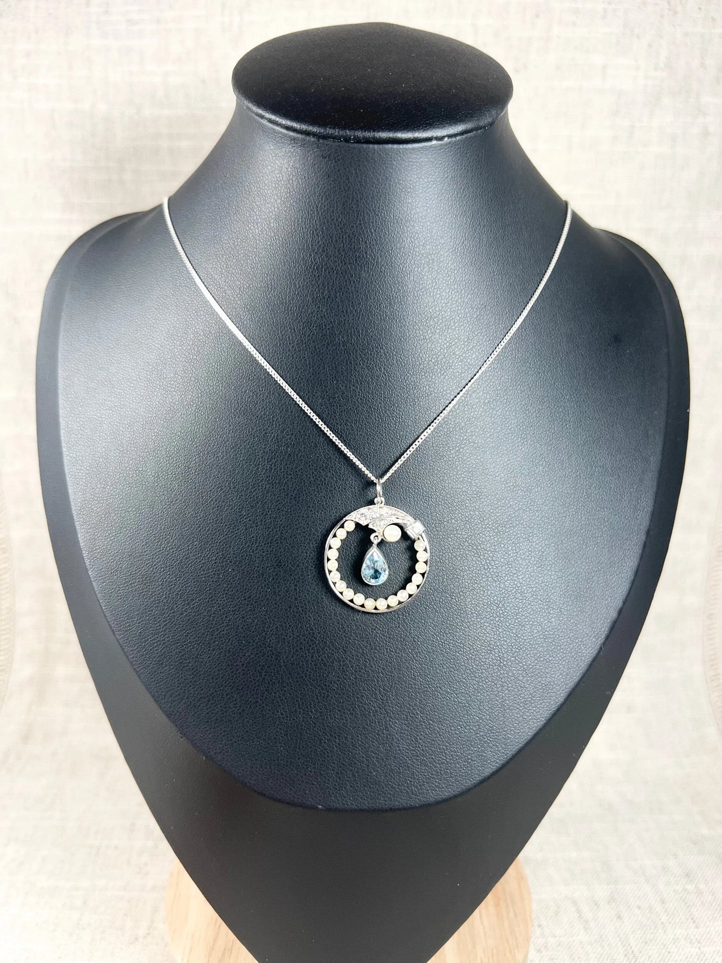 Antique 14 Carat Gold And Platinum 1920's Aquamarine, Pearl, And Diamond Pendant