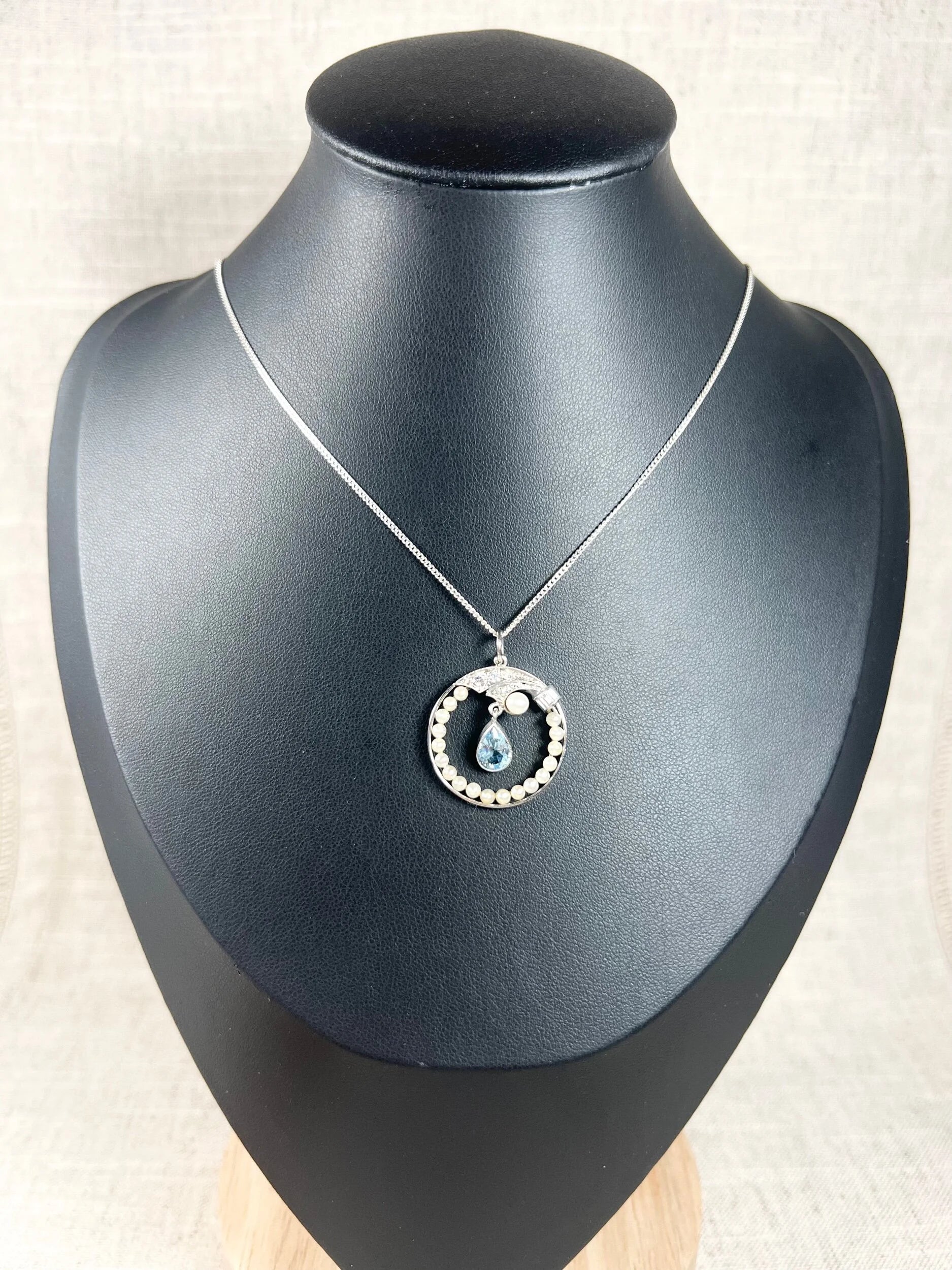 Antique 14 Carat Gold And Platinum 1920's Aquamarine, Pearl, And Diamond Pendant