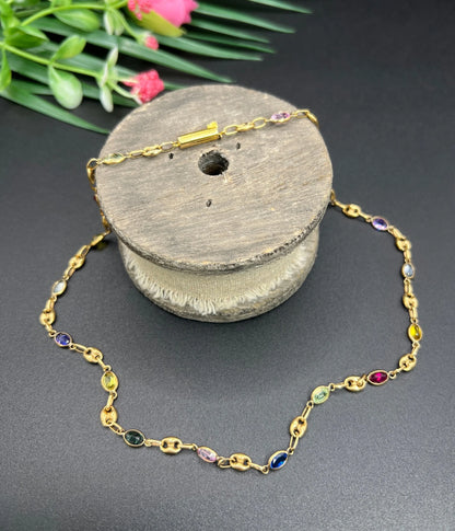 Vintage 18 Carat Yellow Gold Gemstone Harlequin Necklace with Barrel Clasp