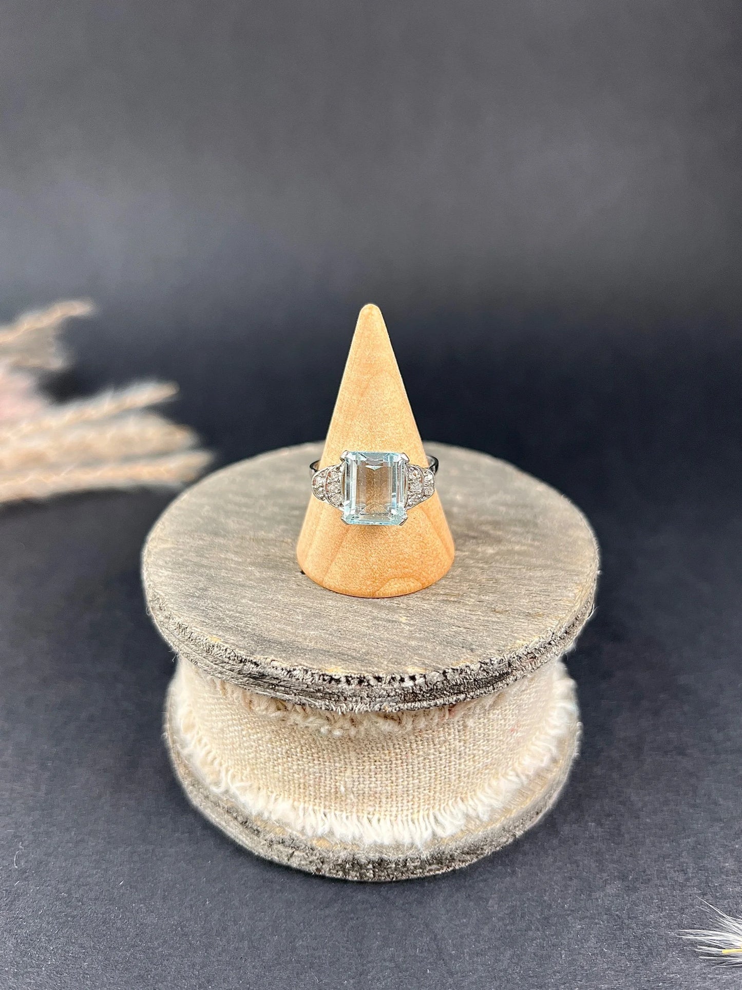 Art Deco 14 Carat White Gold Emerald Cut Aquamarine and Diamond Ring, Circa 1920