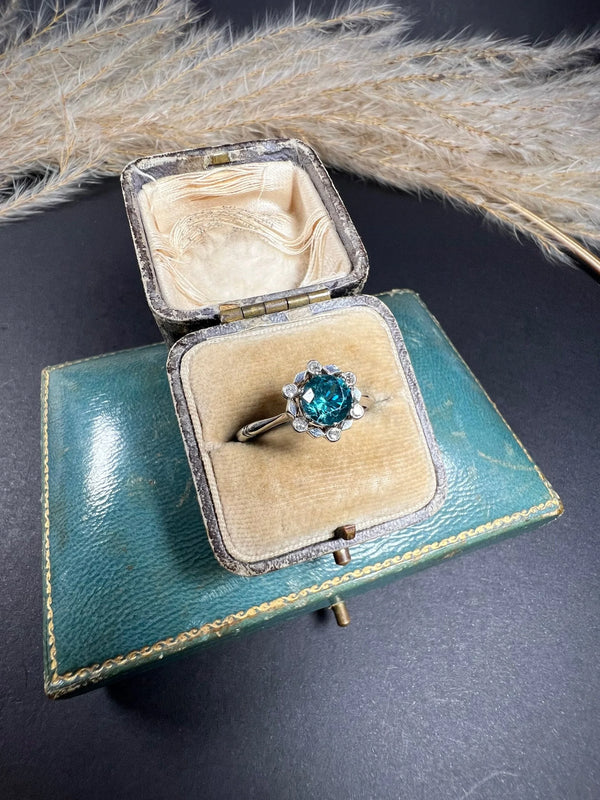 Antique 18 Carat White Gold, Platinum, Zircon and Diamond Cluster Ring, Circa 1920