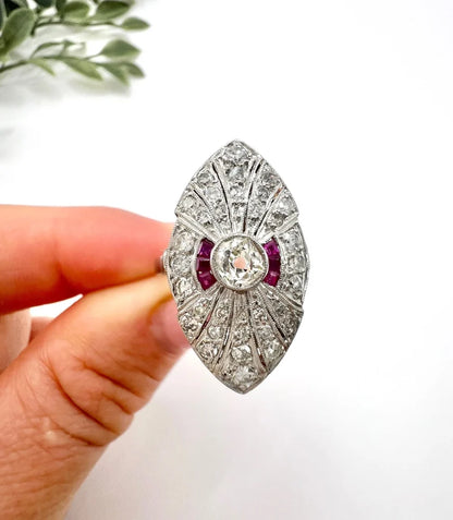 Vintage Diamond and Ruby Cluster Marquise Navette Shaped Ring