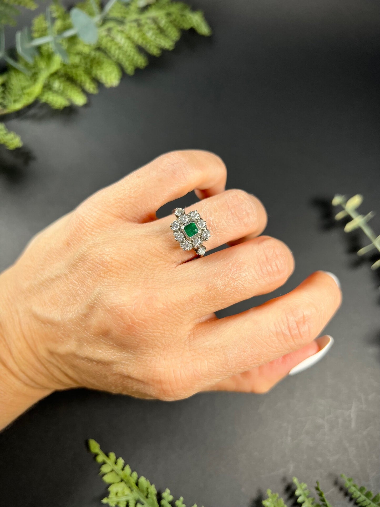 Vintage 18 Carat White Gold Emerald and Diamond Square Cluster Ring, Circa 1940