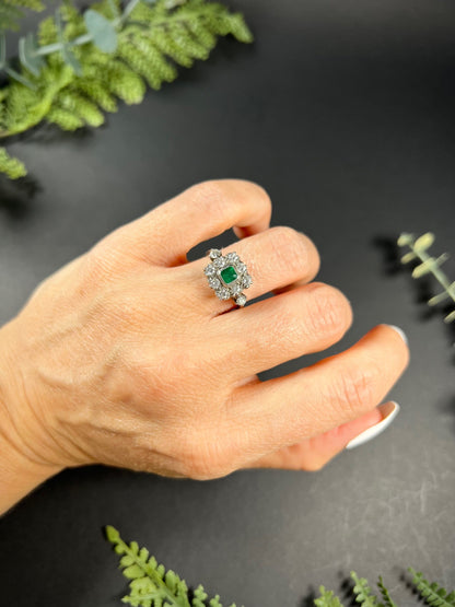 Vintage 18 Carat White Gold Emerald and Diamond Square Cluster Ring, Circa 1940