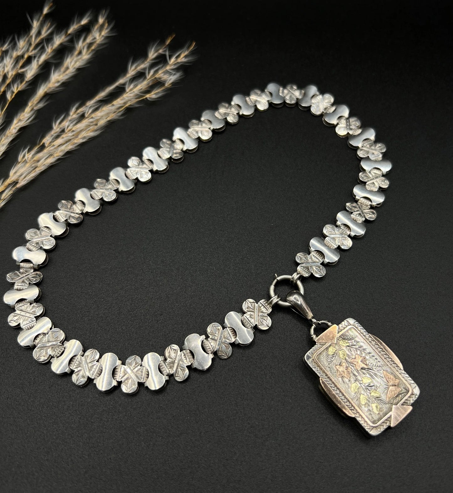Victorian Sterling Silver Book Chain Necklace with Silver and Gold Inlaid Butterfly Locket