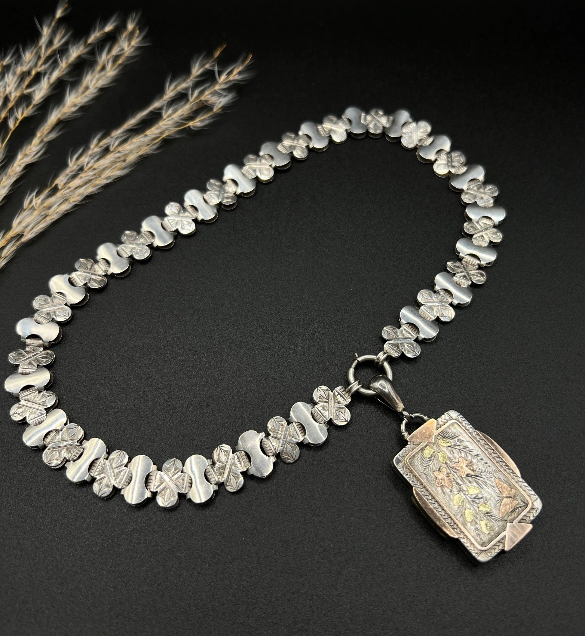 Victorian Sterling Silver Book Chain Necklace with Silver and Gold Inlaid Butterfly Locket