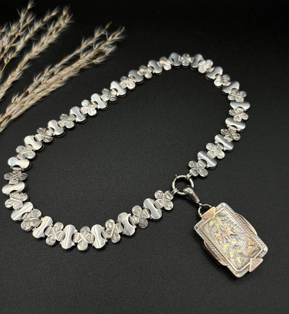 Victorian Sterling Silver Book Chain Necklace with Silver and Gold Inlaid Butterfly Locket