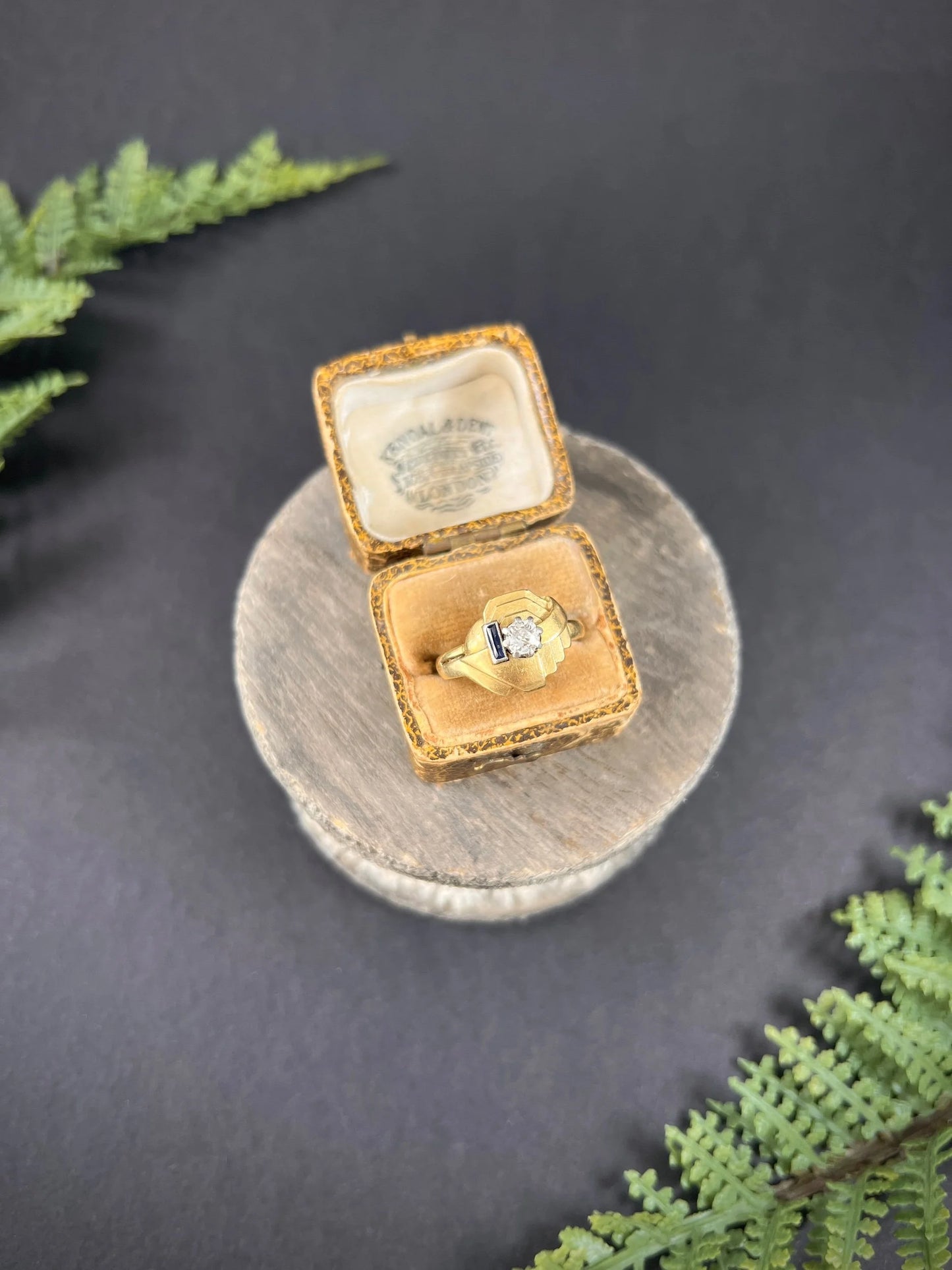 Art Deco 18 Carat Yellow Gold Sapphire and Diamond Geometric Ring, Circa 1920