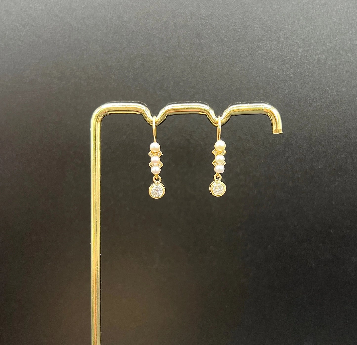 Antique 18ct Yellow Gold, 1920s Diamond & Pearl Drop Earrings, Occasion Jewellery, Bridal Jewellery