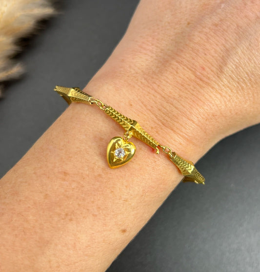 Antique 15ct Yellow Gold, Georgian Fancy Link, Diamond Set Heart Charm Bracelet
