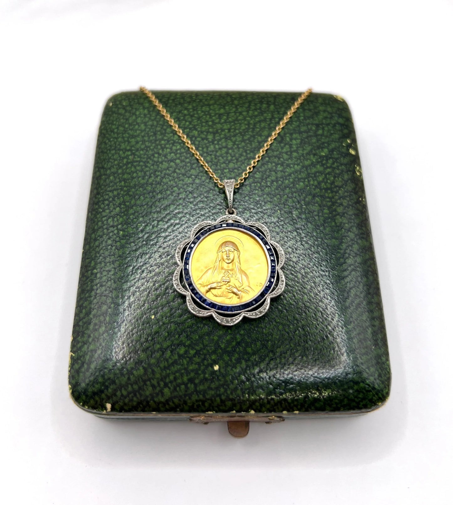 Antique 18 Carat Gold, Platinum and Sapphire Scared Heart Madonna Medal Pendant