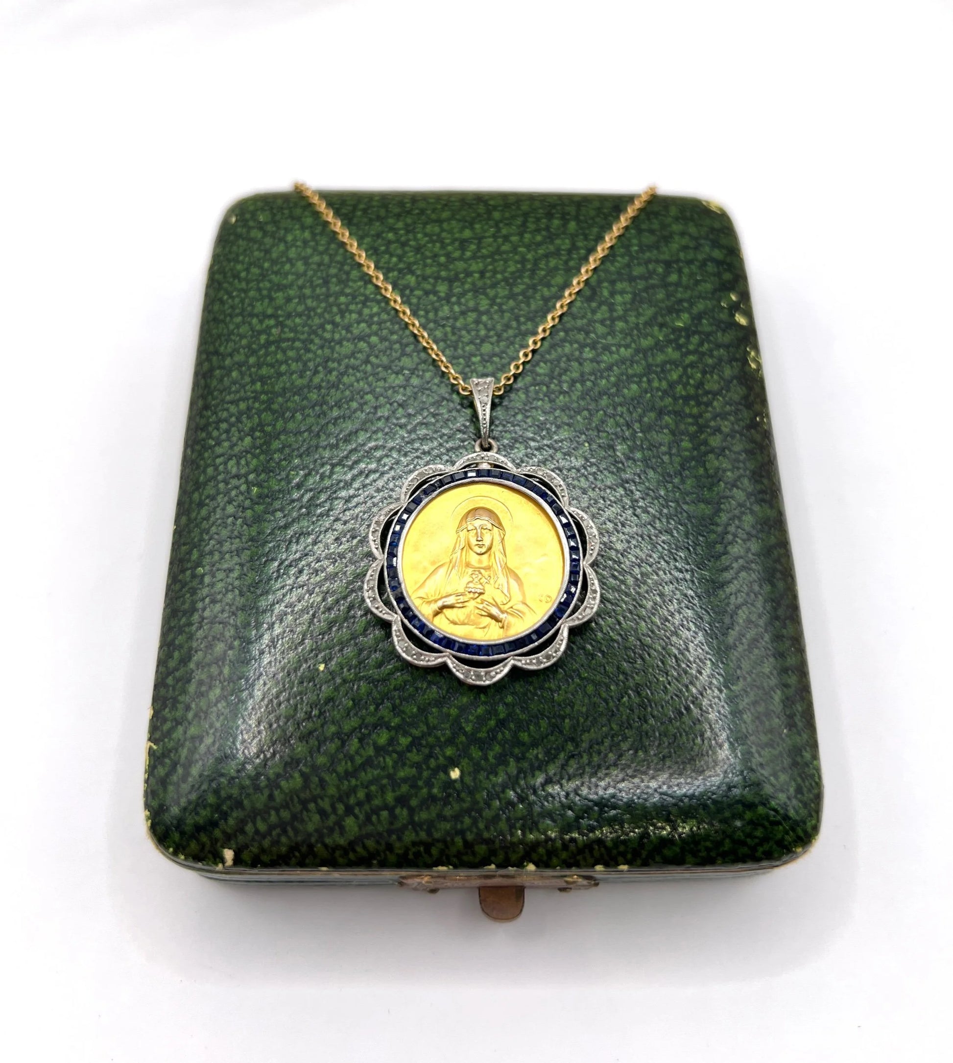 Antique 18 Carat Gold, Platinum and Sapphire Scared Heart Madonna Medal Pendant