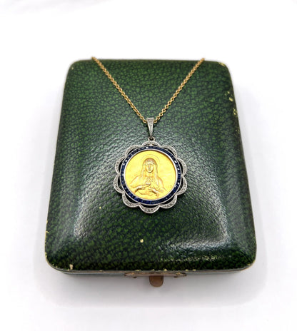 Antique 18 Carat Gold, Platinum and Sapphire Scared Heart Madonna Medal Pendant