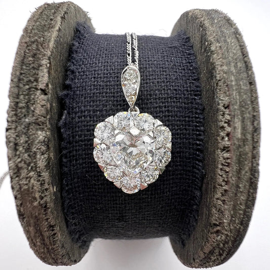 Vintage 3ct Diamond Heart Cluster Pendant on Platinum Figaro Chain