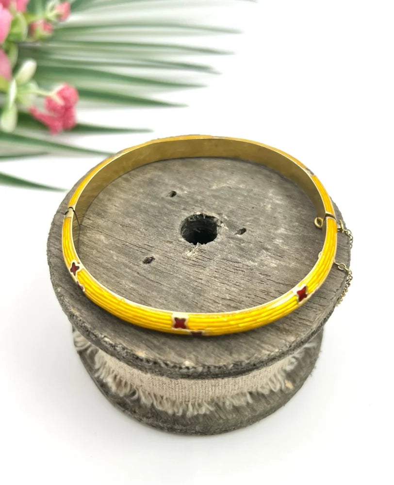 Art Deco Yellow Guilloche Enamel Bangle Bracelet