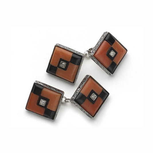 Antique Art Deco Coral Onyx and Diamond Cufflinks