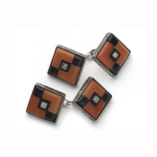 Antique Art Deco Coral Onyx and Diamond Cufflinks