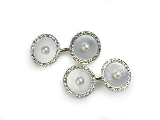 Antique Art Deco Pearl And Mother-of-Pearl Gold Platinum Cufflinks