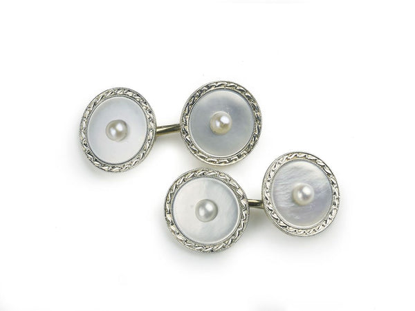 Antique Art Deco Pearl And Mother-of-Pearl Gold Platinum Cufflinks