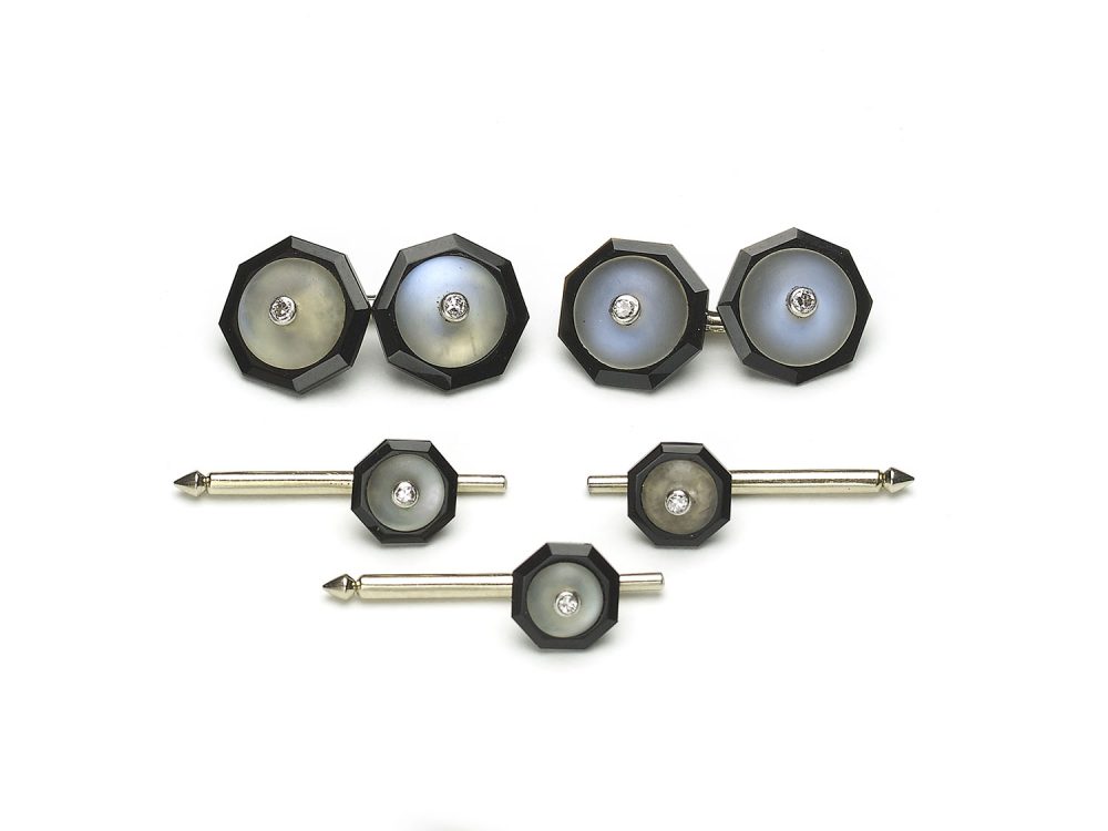 Art Deco Frosted Rainbow Moonstone & Black Onyx cufflinks Dress-Set