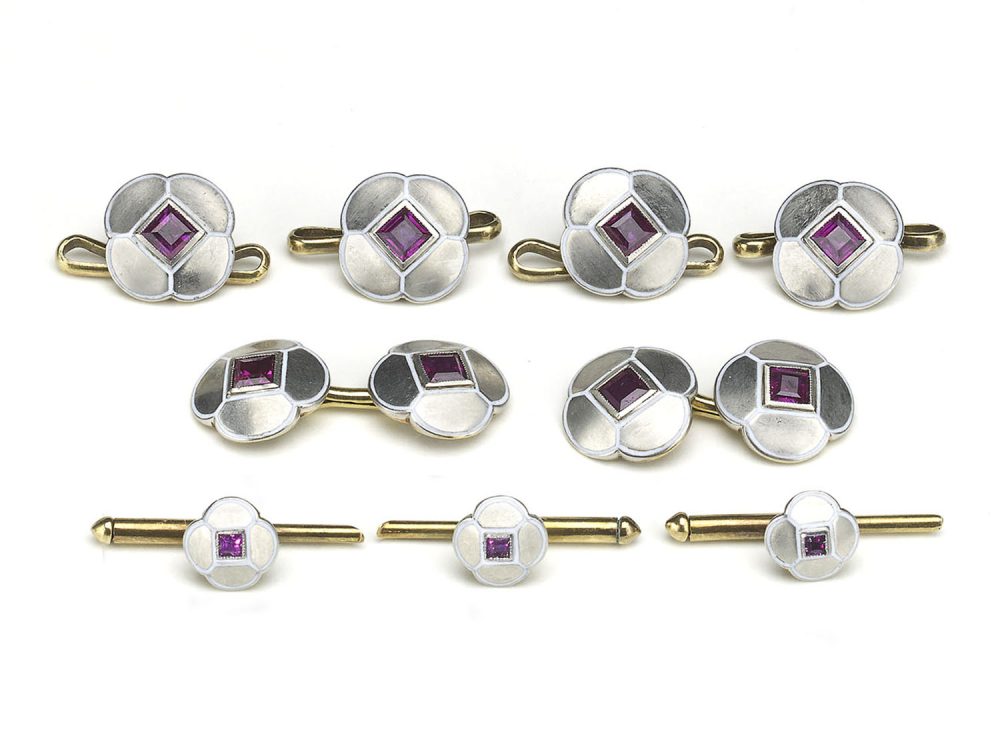 Antique Art Deco Enamel Ruby White Gold Dress Set