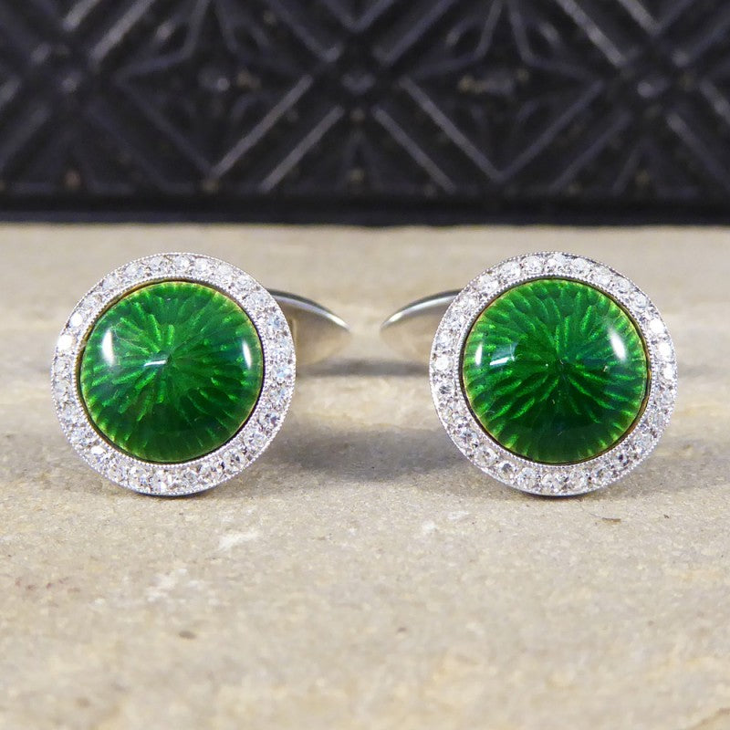 Green Enamel & Diamond Halo Cufflinks