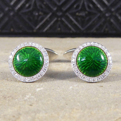 Green Enamel & Diamond Halo Cufflinks