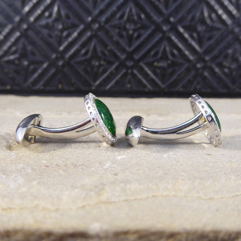 Green Enamel & Diamond Halo Cufflinks