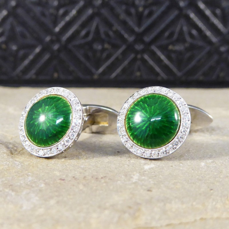 Green Enamel & Diamond Halo Cufflinks