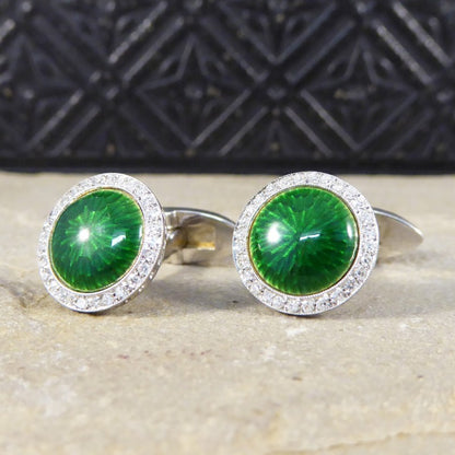 Green Enamel & Diamond Halo Cufflinks