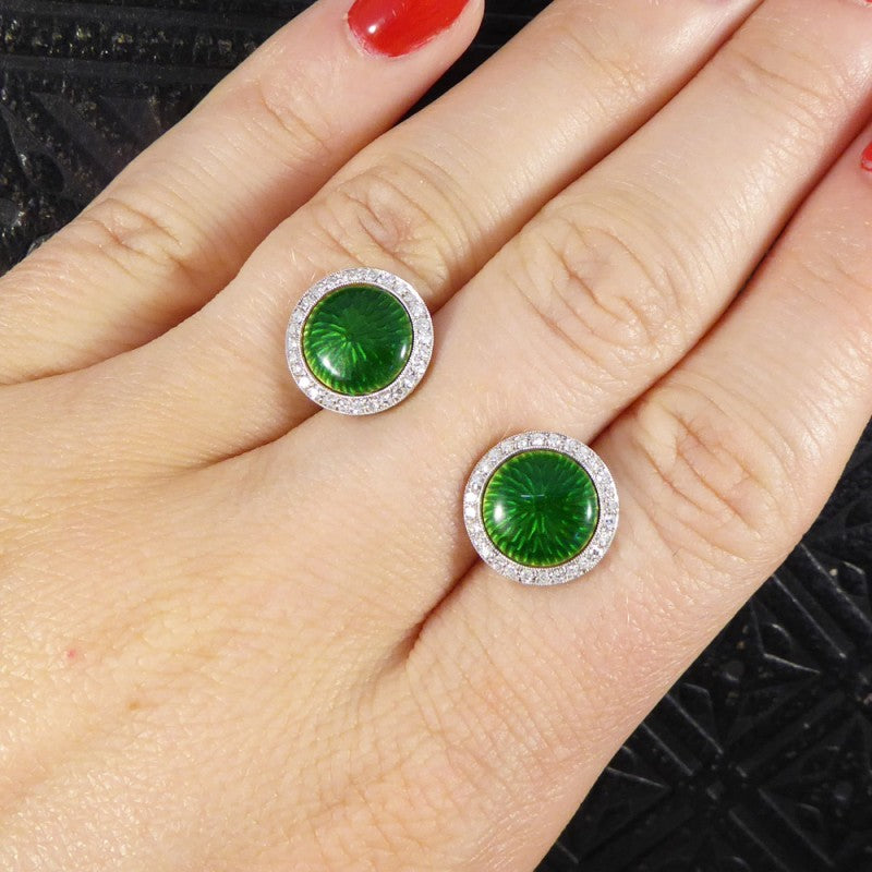 Green Enamel & Diamond Halo Cufflinks