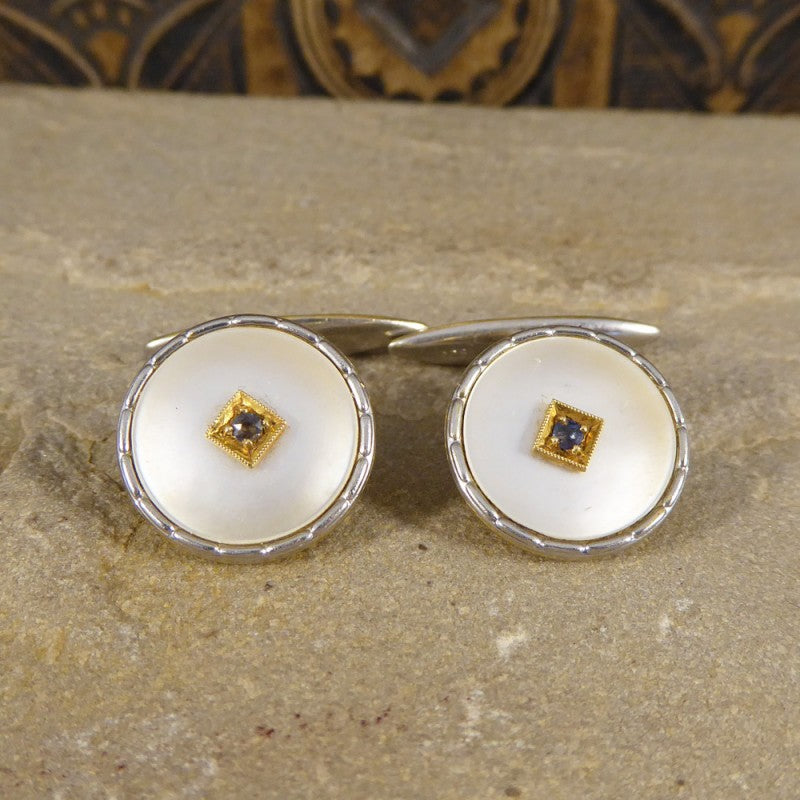 Antique Edwardian Mother of Pearl & Sapphire Cufflinks