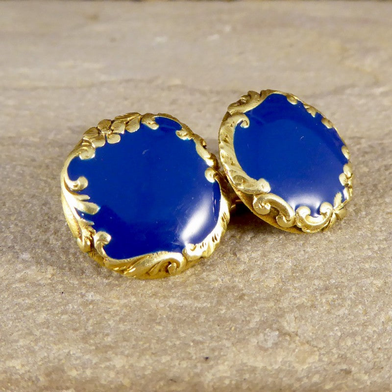 Fine Antique Victorian Blue Enamel 18ct Yellow Gold Cufflinks