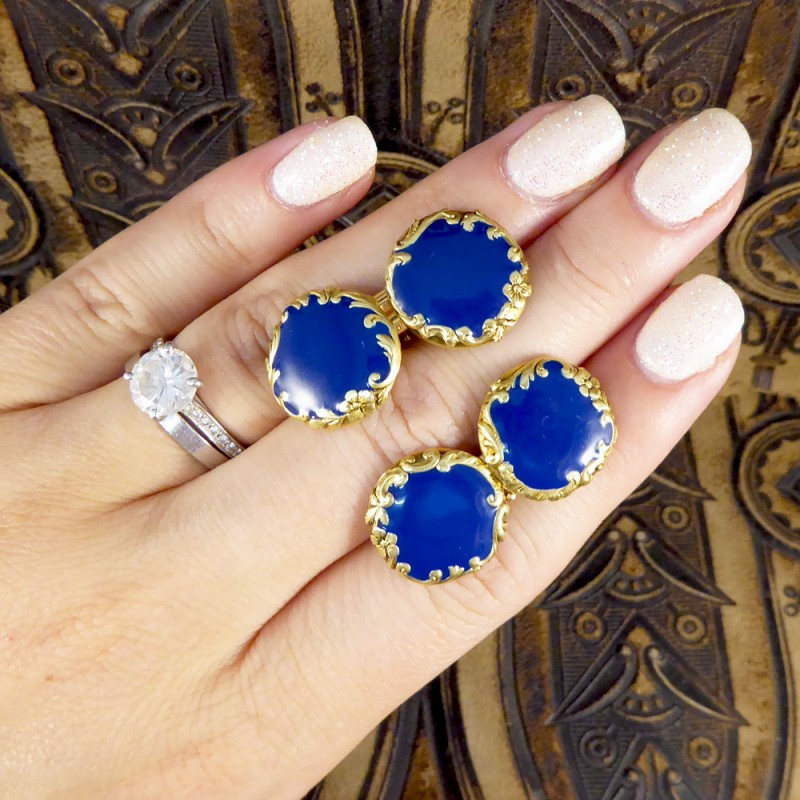Fine Antique Victorian Blue Enamel 18ct Yellow Gold Cufflinks