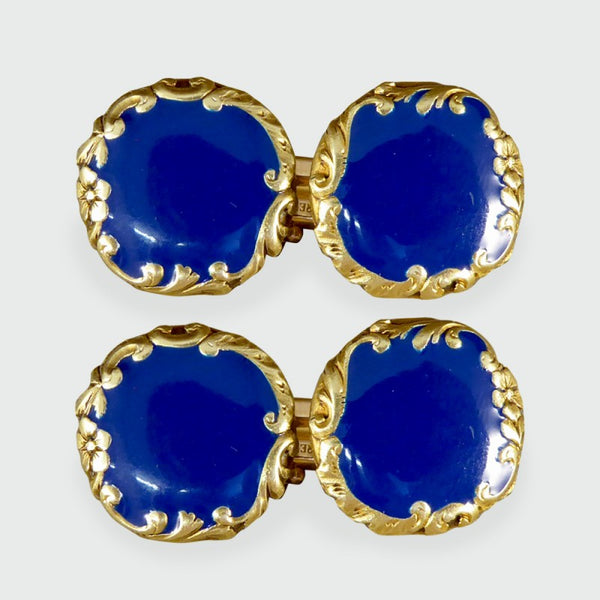 Fine Antique Victorian Blue Enamel 18ct Yellow Gold Cufflinks