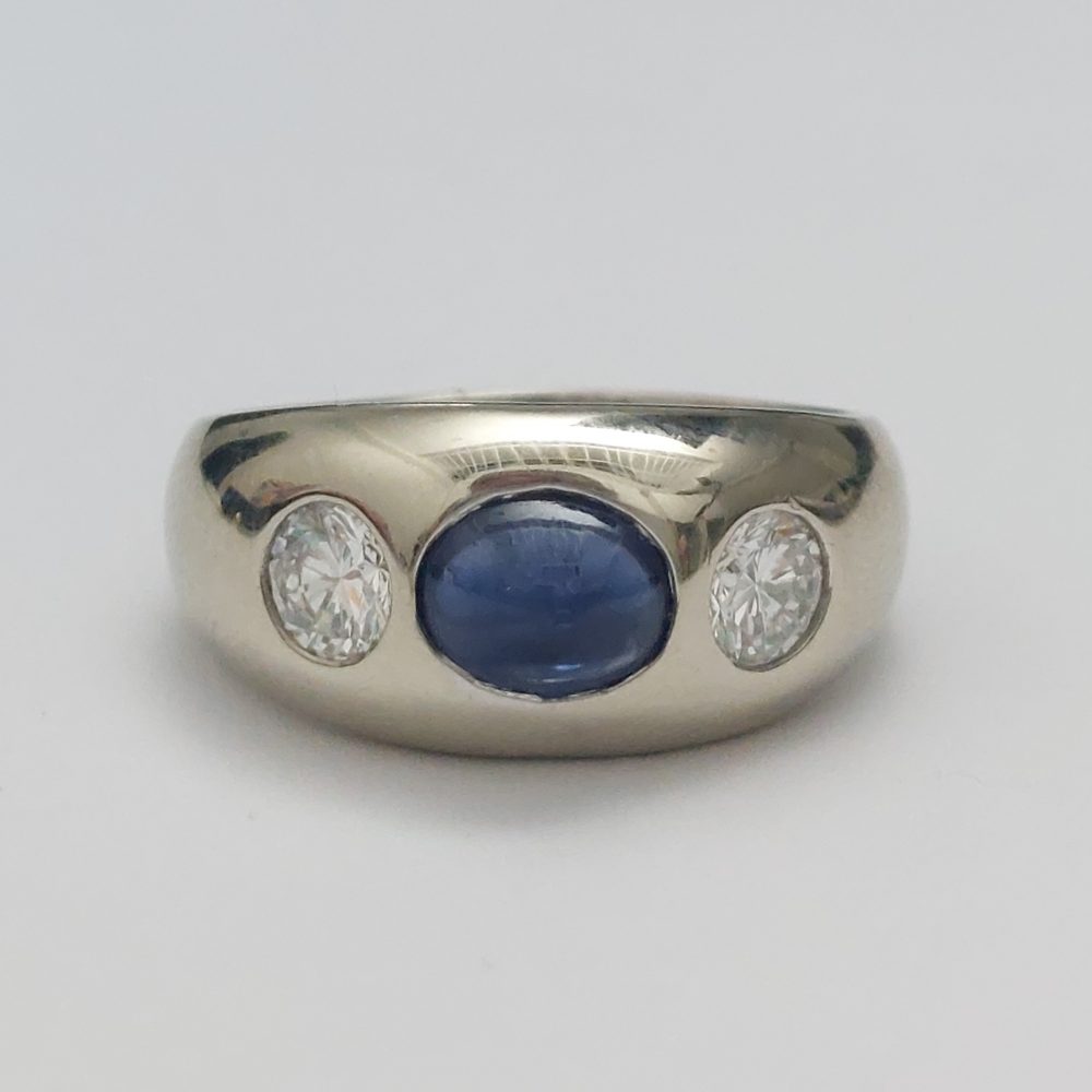 Cabochon Sapphire and Diamond Three Stone Ring
