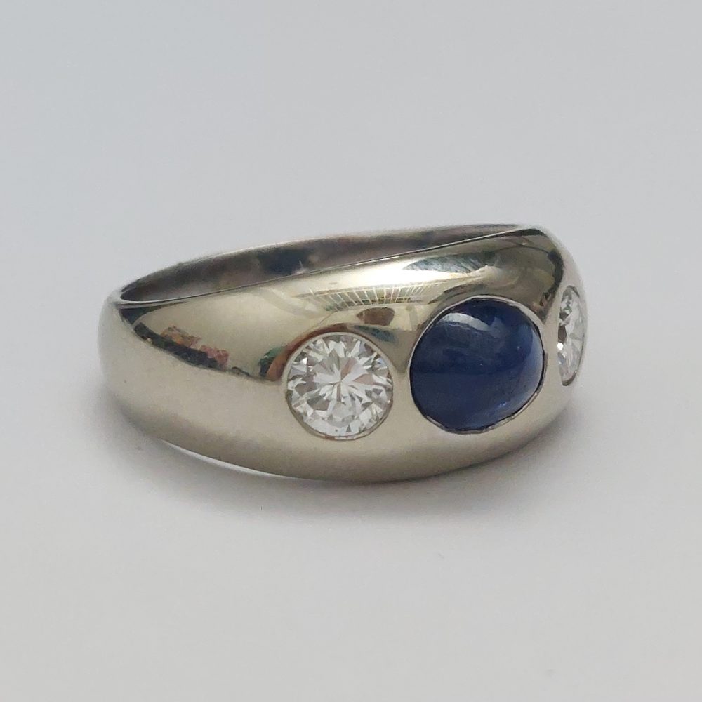 Cabochon Sapphire and Diamond Three Stone Ring