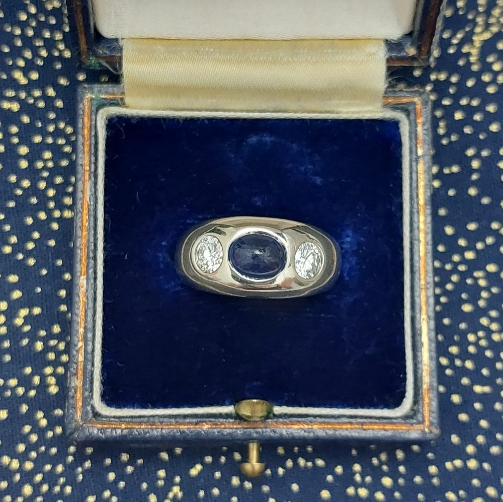 Cabochon Sapphire and Diamond Three Stone Ring