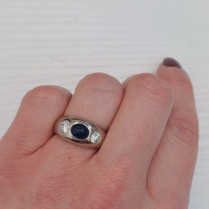 Cabochon Sapphire and Diamond Three Stone Ring