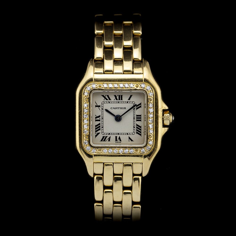 Ladies Cartier Panthere 866919 Ladies 18ct Yellow Gold Quartz Watch with Factory Diamonds, 22mm case with factory diamond bezel and solid gold bracelet strap