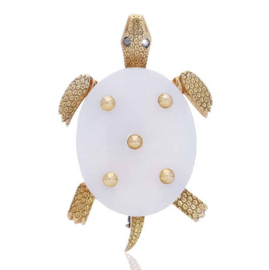 Cartier Vintage White Chalcedony and 18ct Yellow Gold Turtle Brooch with Rose Cut Diamond Eyes