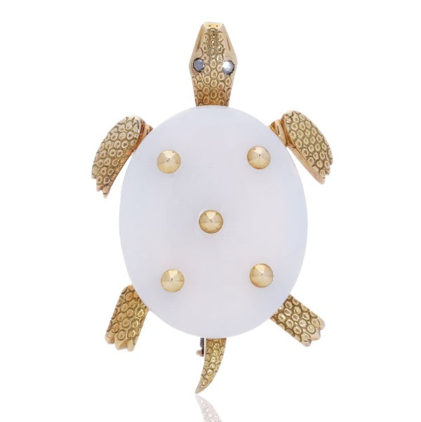 Cartier Vintage White Chalcedony and 18ct Yellow Gold Turtle Brooch with Rose Cut Diamond Eyes