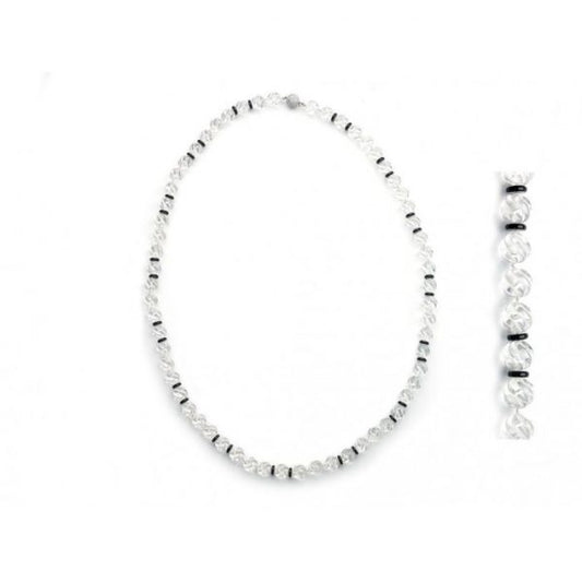 Carved Rock Crystal and Black Onyx Bead Necklace with Diamond Clasp