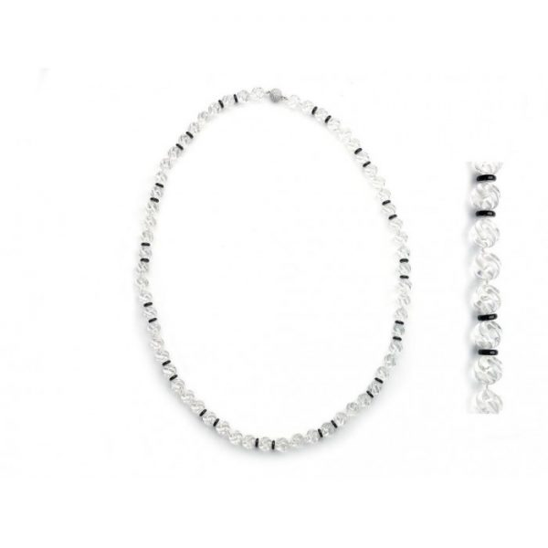 Carved Rock Crystal and Black Onyx Bead Necklace with Diamond Clasp