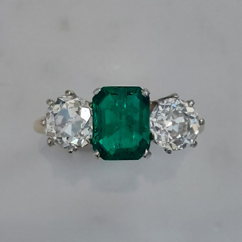 Certified Colombian Emerald and Old Cut Diamond Trilogy Ring