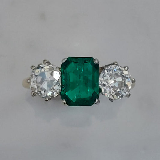 Certified Colombian Emerald and Old Cut Diamond Trilogy Ring