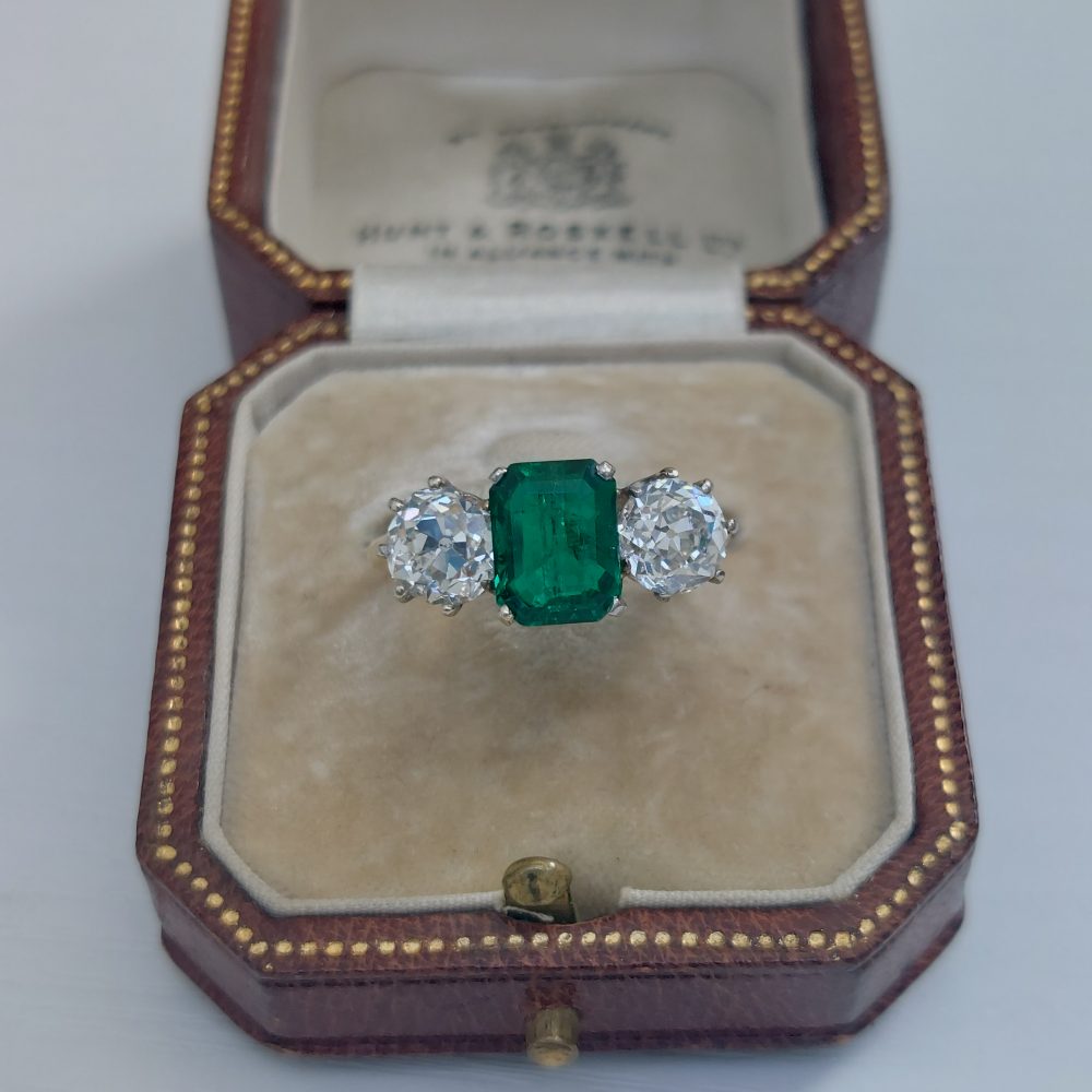 Certified Colombian Emerald and Old Cut Diamond Trilogy Ring