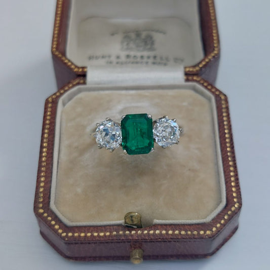 Certified Colombian Emerald and Old Cut Diamond Trilogy Ring