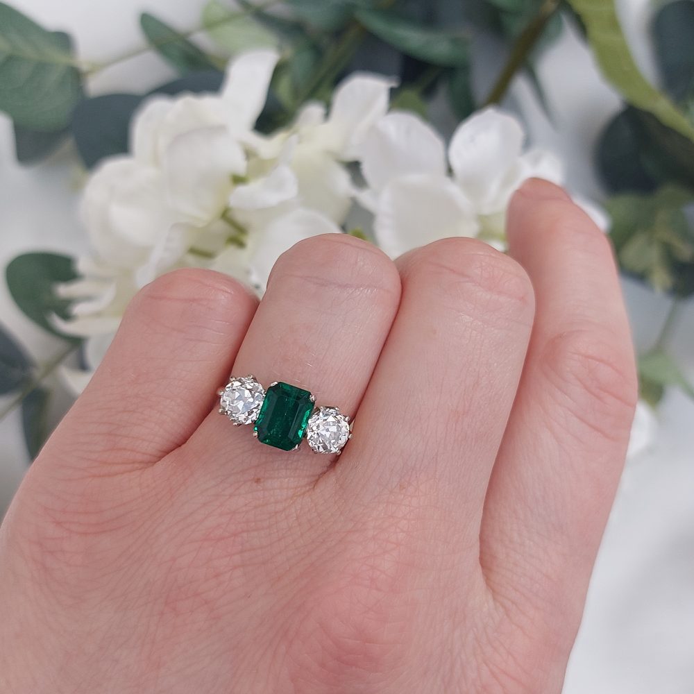 Certified Colombian Emerald and Old Cut Diamond Trilogy Ring