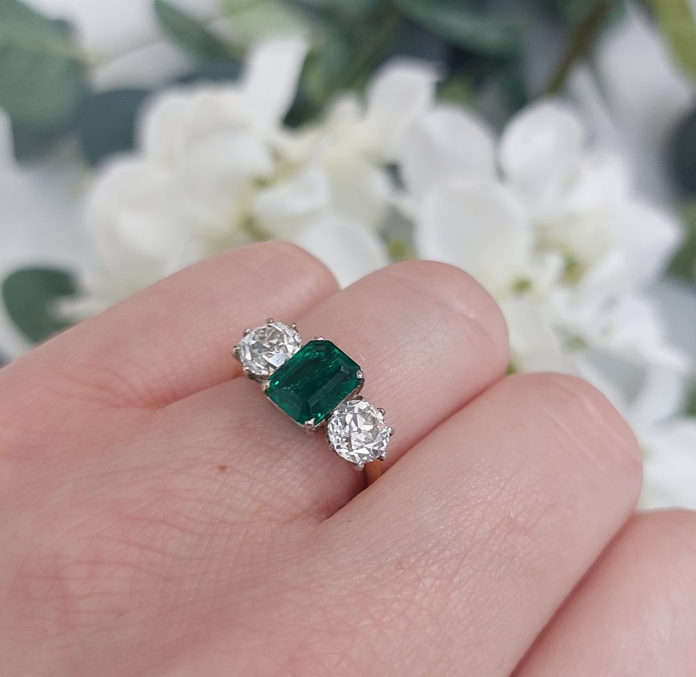 Certified Colombian Emerald and Old Cut Diamond Trilogy Ring